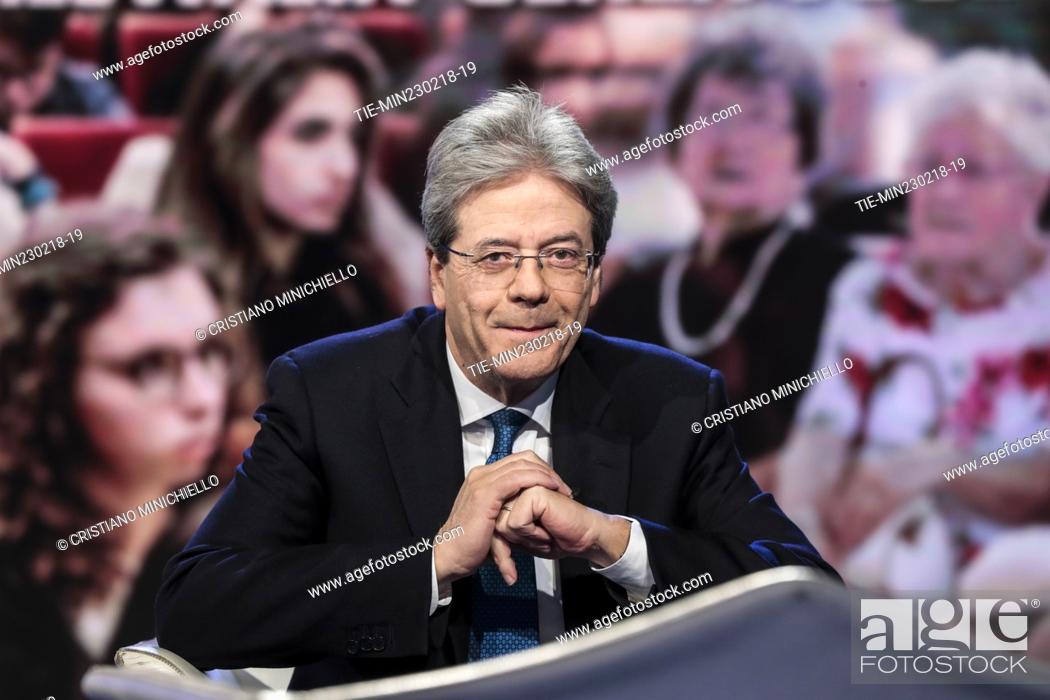 Stock Photo: The Italian Prime Minister Paolo Gentiloni guest at tv show Porta a porta, Rome, ITALY-22-02-2018.