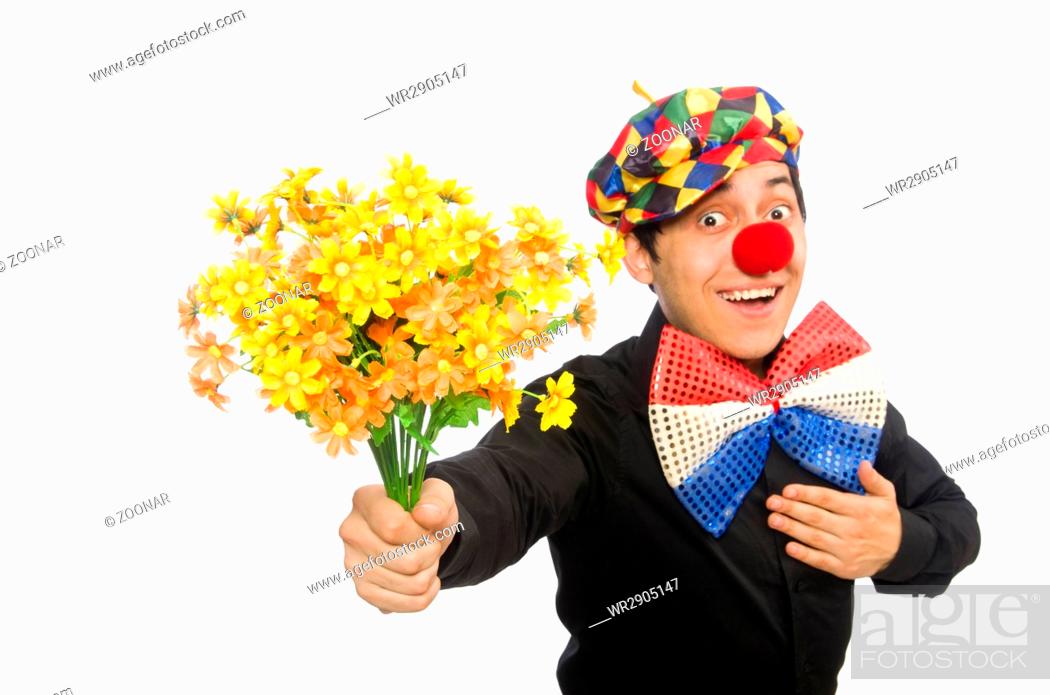 Funny clown with flowers isolated on white, Stock Photo, Picture And  Royalty Free Image. Pic. WR2905147 | agefotostock