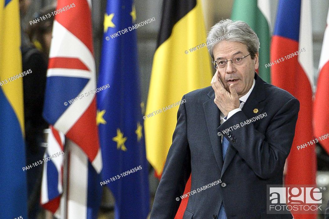 Stock Photo: Italian Prime Minister Paolo Gentiloni arrives for the European Council, EU head of states meeting in Brussels, Belgium on 22.03.