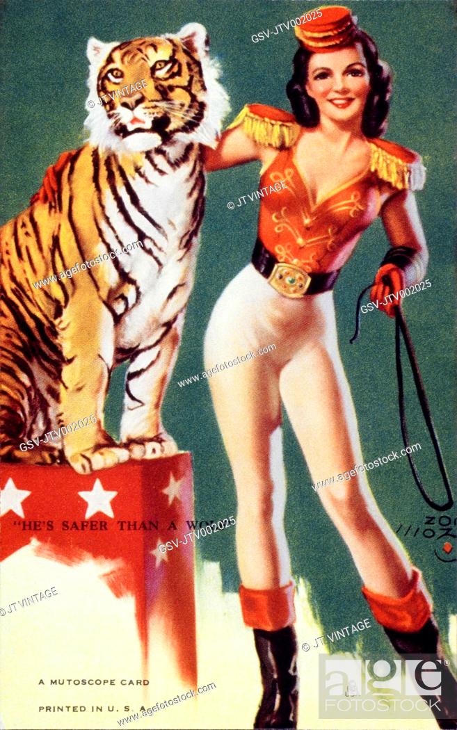 Sexy Female Animal Tamer with Tiger, He's Safer Than a Wolf, Mutoscope  Card, 1940s, Stock Photo, Picture And Rights Managed Image. Pic.  GSV-JTV002025 | agefotostock