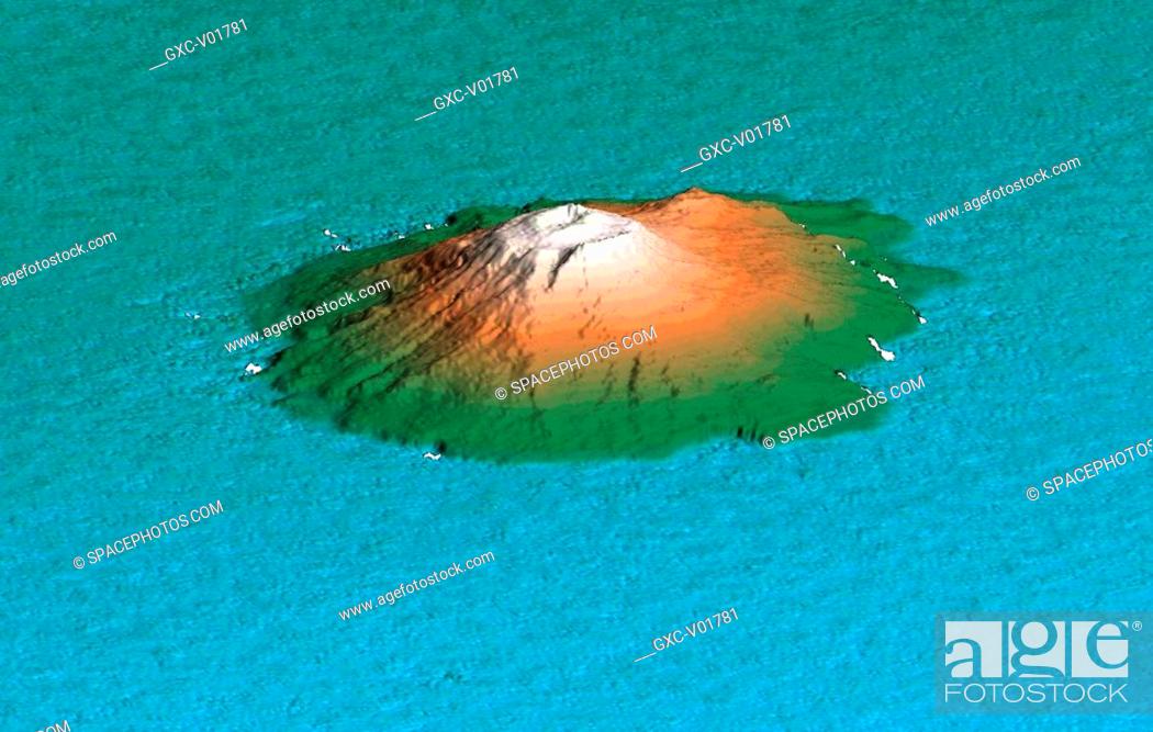 Stock Photo: This 3D perspective view shows the Japanese island called Miyake-Jima viewed from the northeast. This island -- about 180 kilometers 110 miles south of Tokyo --.