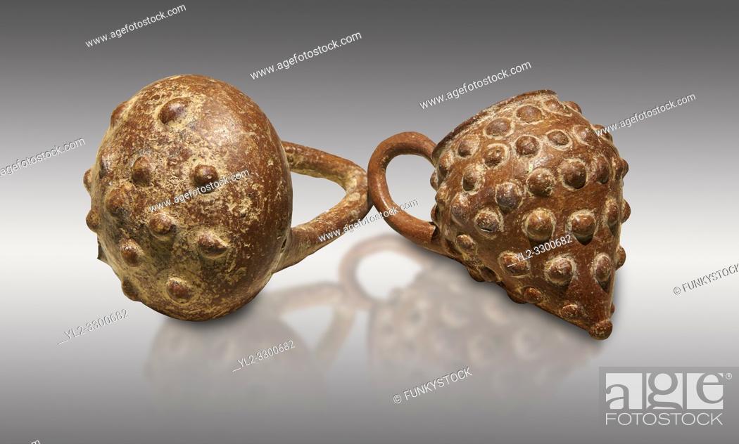 Stock Photo: Bronze Age Anatolian terra cotta basket with handle & a beaker shaped as a bunch of grapes - 19th to 17th century BC - Kültepe Kanesh - Museum of Anatolian.