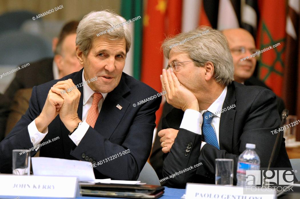 Stock Photo: United States Secretary of State John Kerry and Italian Minister of Foreign affairs Paolo Gentiloni at International conference on the Libya.