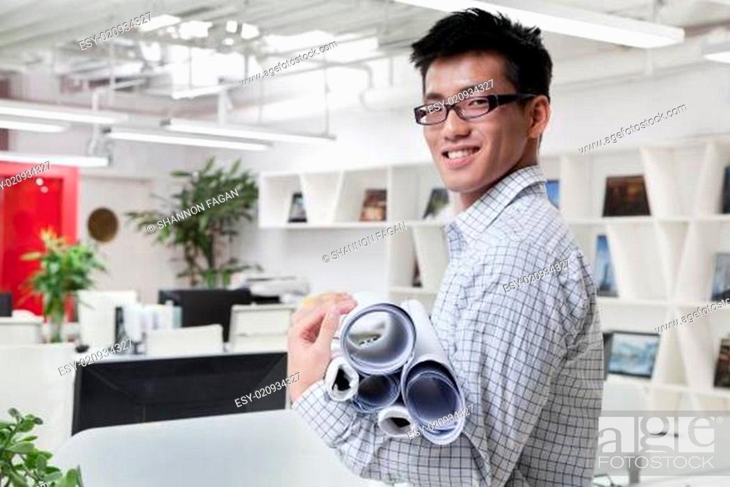 Stock Photo: Human, Happy, Business, Smile, Portrait, Architecture, Style, Plant, Work, Holding, Standing, Office, Job, Profession, Construction, Businessman, Copy, China, People's Republic Of China, Occupation, Working, Confidence, Laughing, Development, Labour, Folk, Deal, Transaction, Giggle, Twit