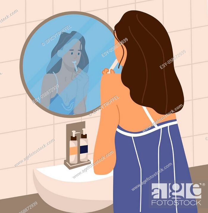 Woman brushing her teeth. Cartoon young female standing in front of mirror,  Stock Vector, Vector And Low Budget Royalty Free Image. Pic. ESY-058872939  | agefotostock