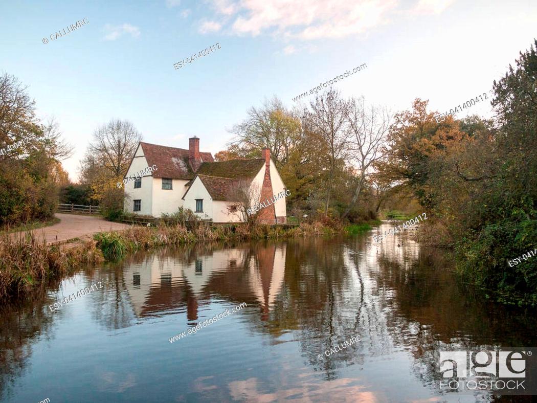Stock Photo: Willy lotts flatford mill cottage constable country haywain painting river; essex; england; uk.