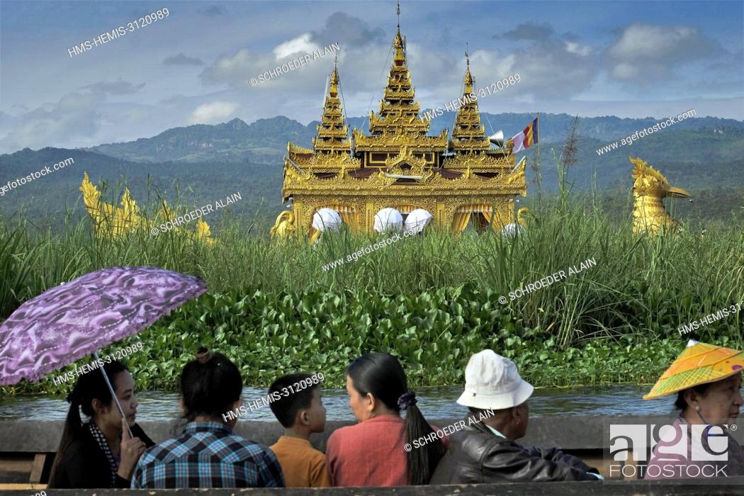 Stock Photo: Myanmar, Shan State, Inle Lake, each year during the month of Thadingyut, around October, there is an 18-day festival during which four of the gold statues of.