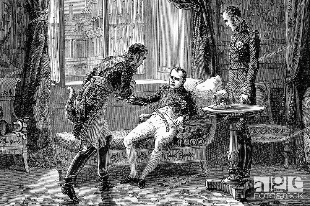 Stock Photo: Napoleon delivers as a souvenir to Marshal MacDonald the saber of Murad-Bey. 1814. Antique illustration. 1890.