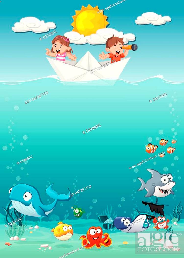 Kids inside a paper boat at the ocean with fish under water, Stock Vector,  Vector And Low Budget Royalty Free Image. Pic. ESY-047287153 | agefotostock
