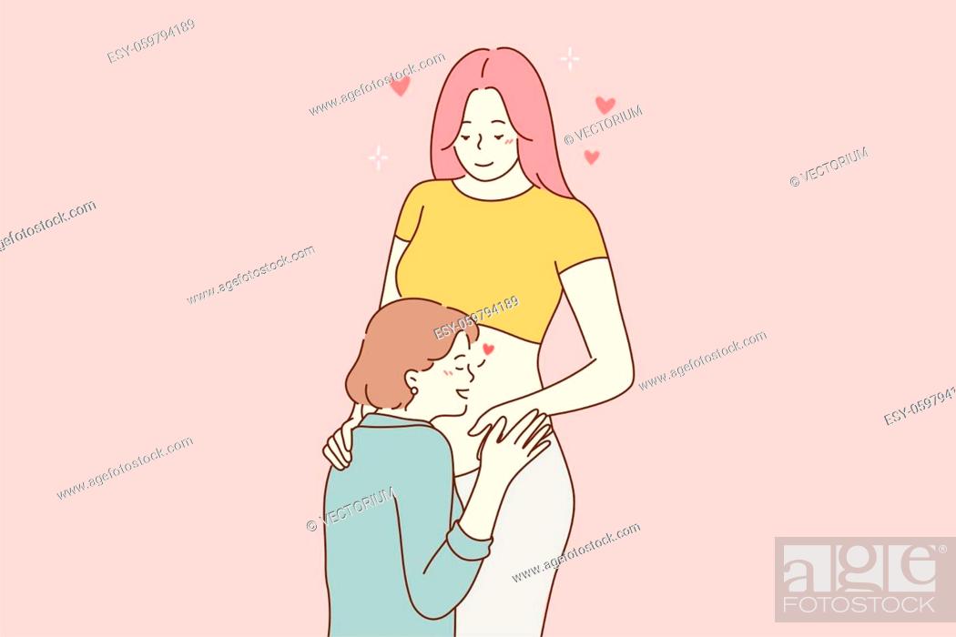 Love, couple, pregnancy, lgbtq concept. Young woman girl lesbian cartoon  character kissing stomach..., Stock Photo, Picture And Low Budget Royalty  Free Image. Pic. ESY-059794189 | agefotostock