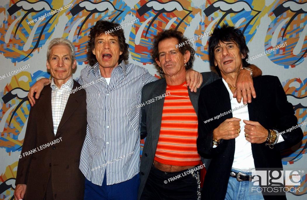 Stock Photo: (dpa) - The members of the Rolling Stones, (from L:) Charlie Watts, Mick Jagger, Keith Richards and Ron Wood, pose for photographers during a press conference.
