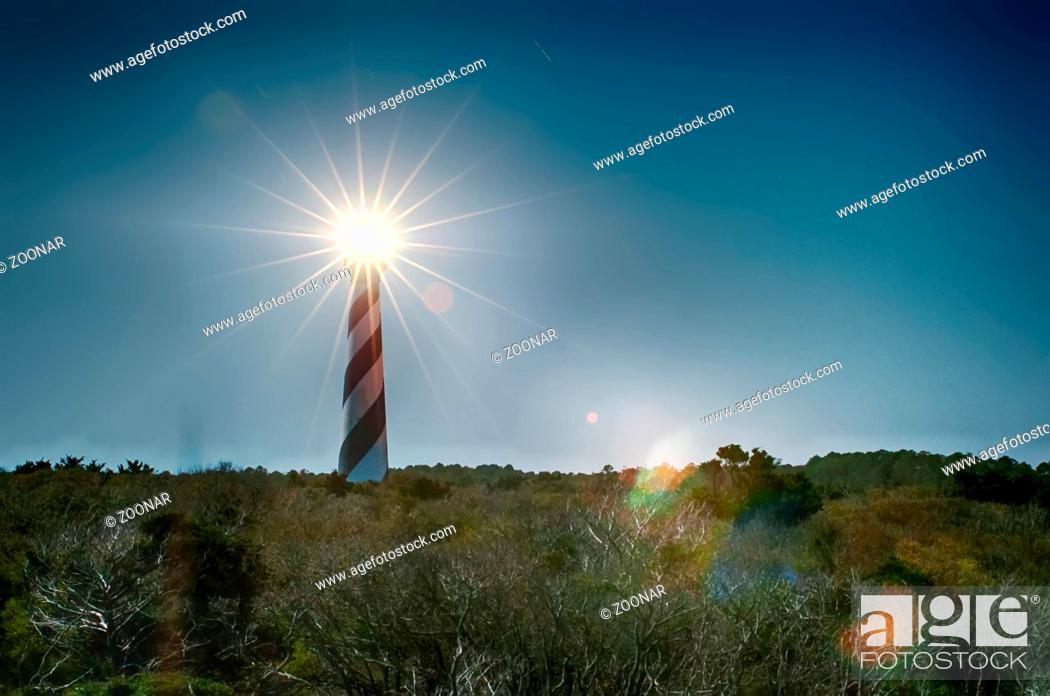Stock Photo: Diagonal black and white stripes mark the Cape Hatteras lighthouse at its new location near the town of Buxton on the Outer Banks of North Carolina.