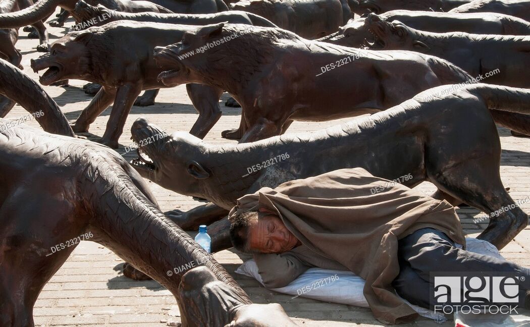 China, Man Sleeping On Ground Beside Statues Of Various Wild Animals;  Beijing, Stock Photo, Picture And Rights Managed Image. Pic. DES-2321786 |  agefotostock
