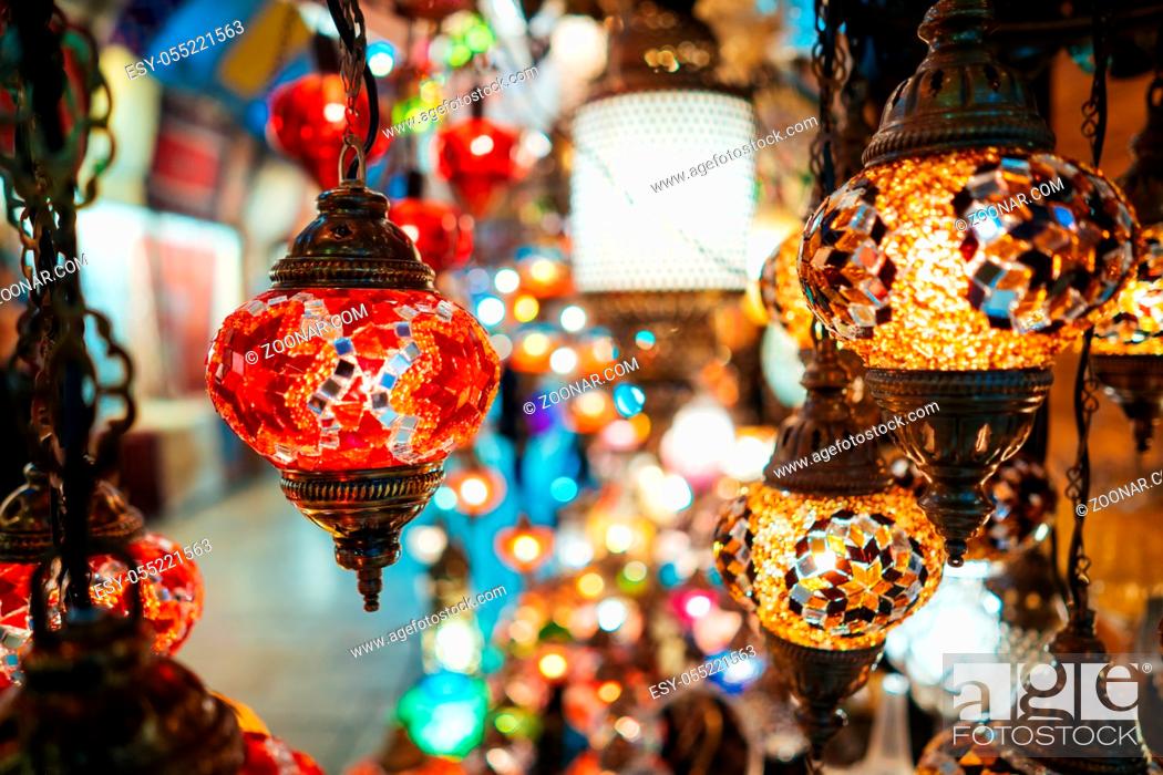Stock Photo: Beautiful turkish mosaic lamps on Istanbul bazaar.