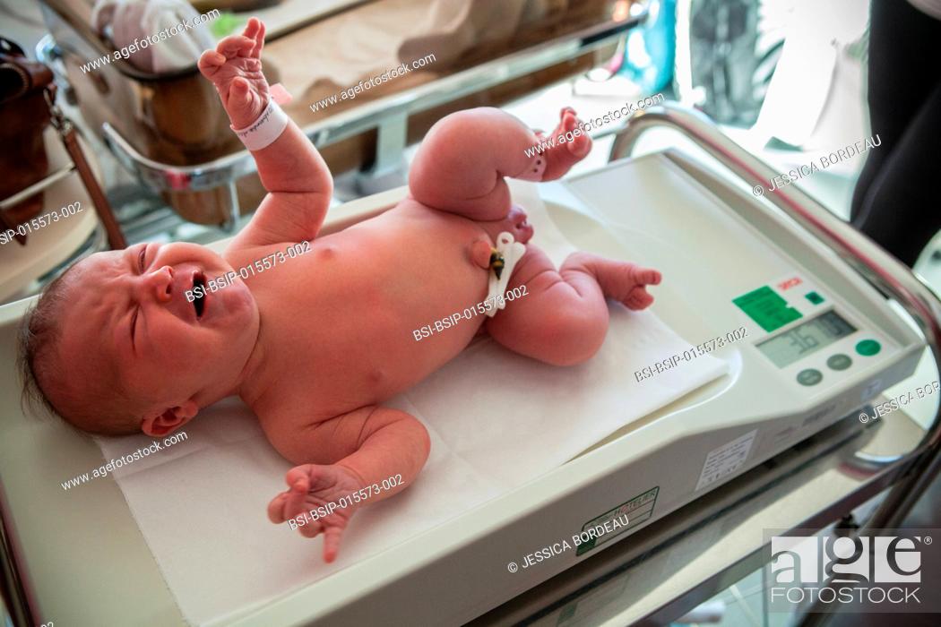 Stock Photo: Reportage on postpartum care in the maternity clinic in Chambéry, France. Newborn babies receive their first postnatal care. Being weighed.