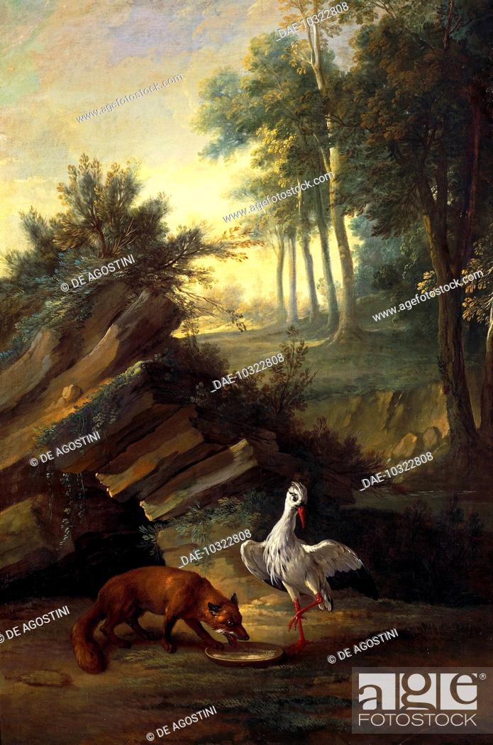 Stock Photo: The fox and the stork, painting by Jean Baptiste Oudry (1686-1755) inspired by the fable by Jean de La Fontaine (1621-1695).