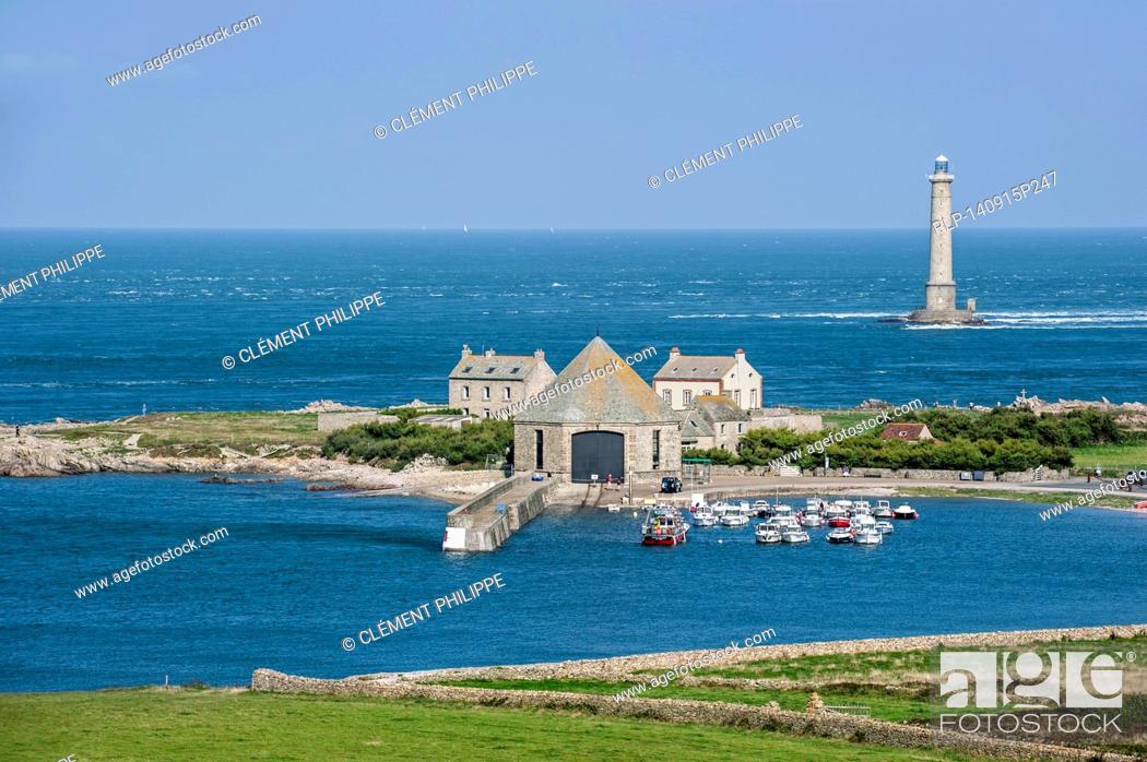 Stock Photo: Lighthouse and lifeboat station in the Goury port near Auderville at the Cap de La Hague, Cotentin peninsula, Lower Normandy, France.