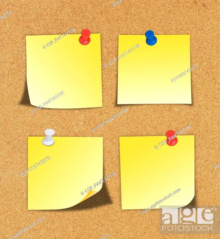 Stock Photo: Yellow note and push pin isolated on cork board ready for your t.