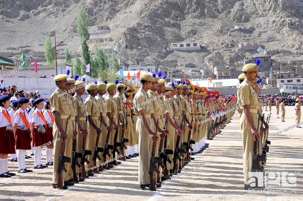 Stock Photo: Indian soldiers from the base camp, Kashmir conflict, at a parade on Independance day, 15th September, on a former polo field in Leh, Ladakh, North India.