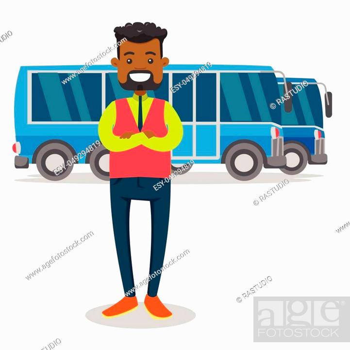 Young black bus driver in uniform standing on the background of buses,  Stock Vector, Vector And Low Budget Royalty Free Image. Pic. ESY-049294819  | agefotostock