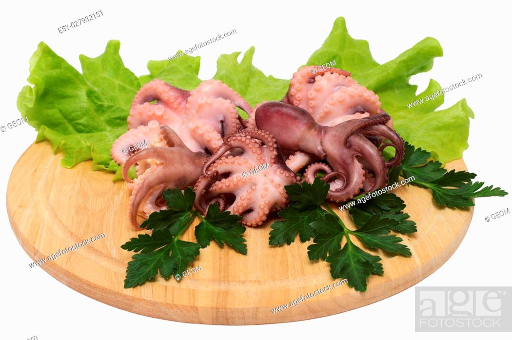 Stock Photo: Boiled baby octopuses on wooden board, isolated on white background.