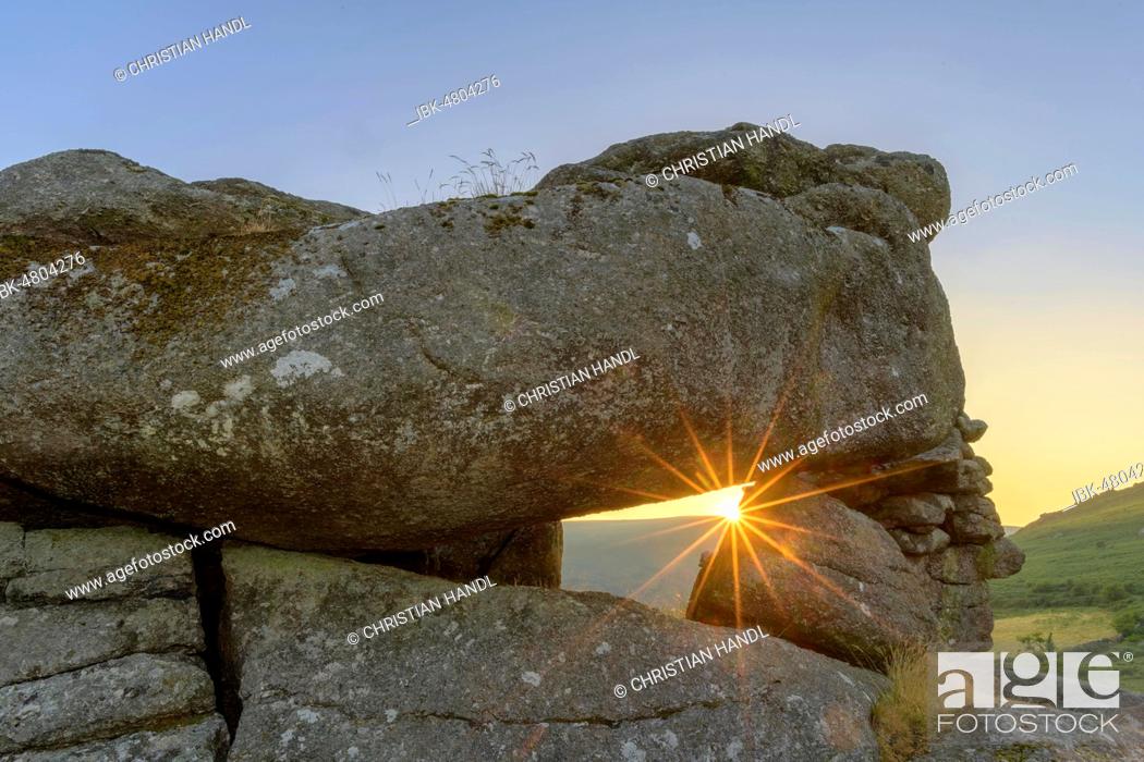 Stock Photo: Sunset at Bonehill Rocks, Dartmoor NP, Widecombe-in-the-Moor, England, Great Britain.
