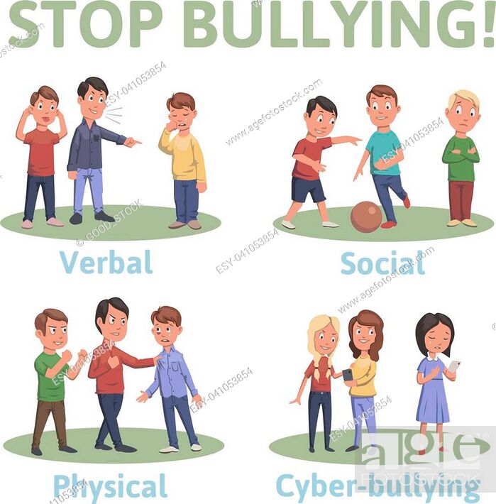 Stop bullying in the school. 4 types of bullying: verbal, social, physical,  cyberbullying, Stock Vector, Vector And Low Budget Royalty Free Image. Pic.  ESY-041053854 | agefotostock