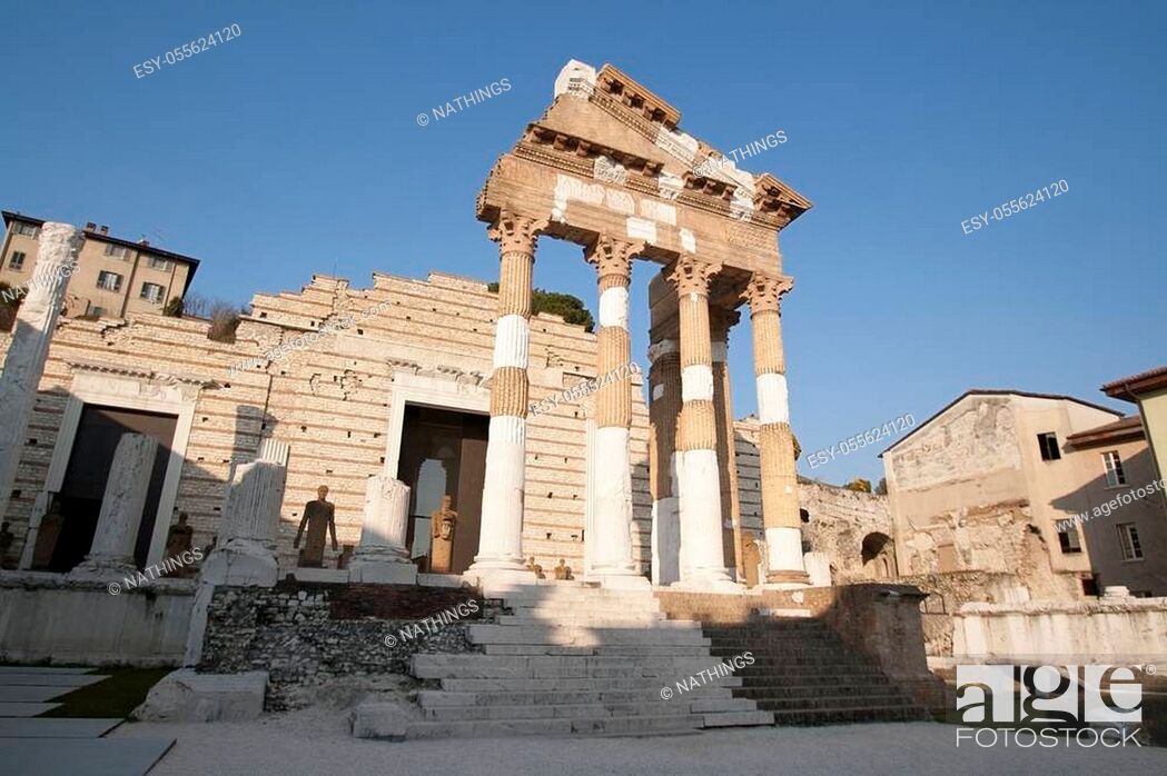 Stock Photo: Ancient Roman ruins with columns in the heart of the city of Brescia - Lombardy - Italy.