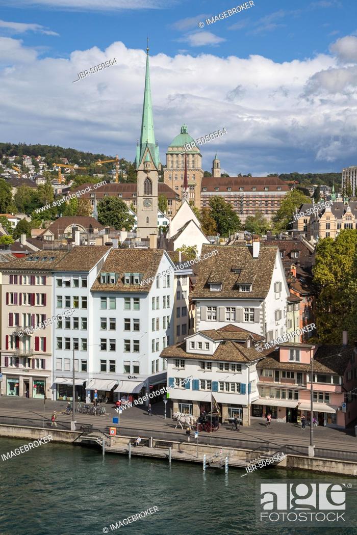 Stock Photo: Old town with preacher church and university, in front Limmatquai and Limmat, Zurich, Switzerland, Europe.