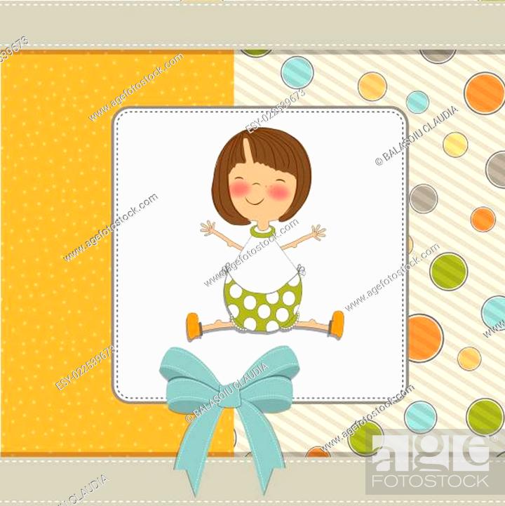 Stock Photo: new baby girl announcement card with little girl.