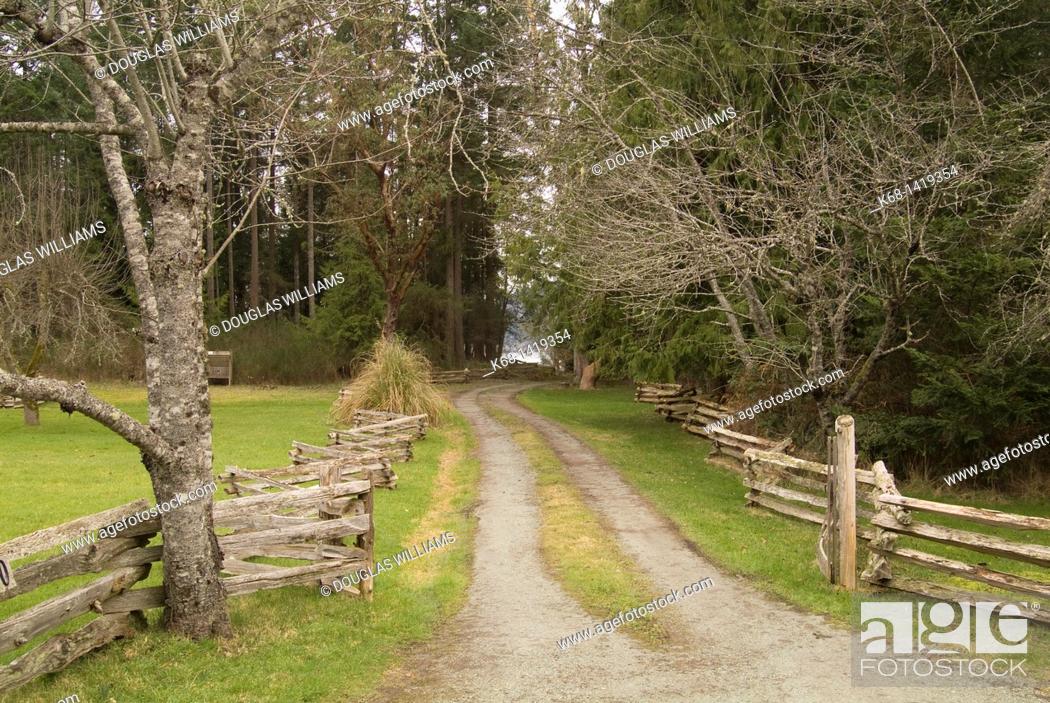 Stock Photo: driveway and split rail fence on Pender Island, Gulf Islands, BC, Canada.