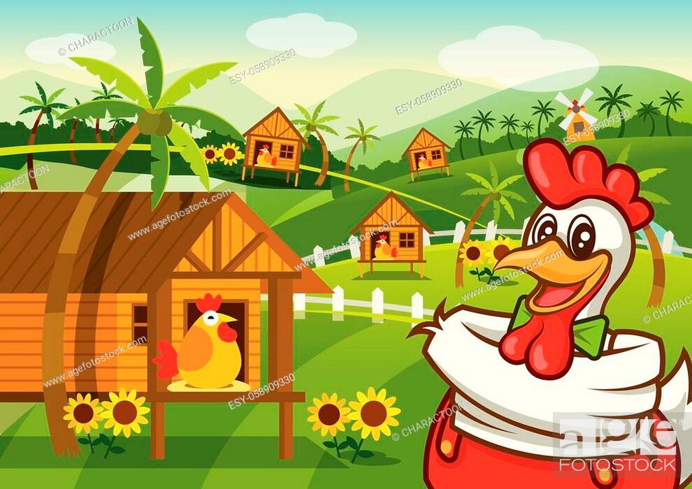 Cartoon Happy chicken character with chicken farm village background,  vector illustration, Stock Vector, Vector And Low Budget Royalty Free  Image. Pic. ESY-058909330 | agefotostock