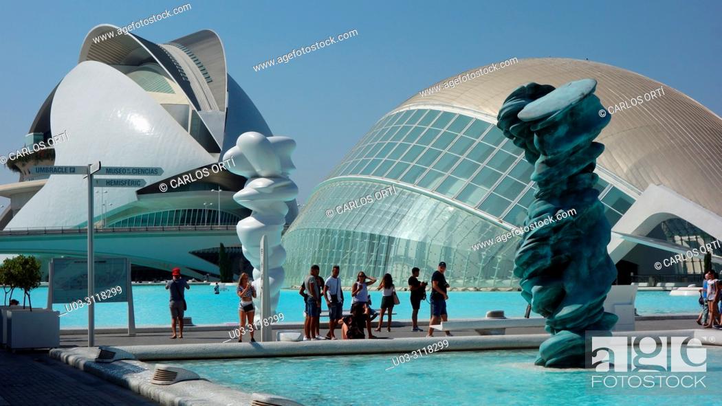 Stock Photo: Tourists relaxing in the complex ""City of Arts and Sciences"" in the mediterranean city of Valencia, Spain, Europe.