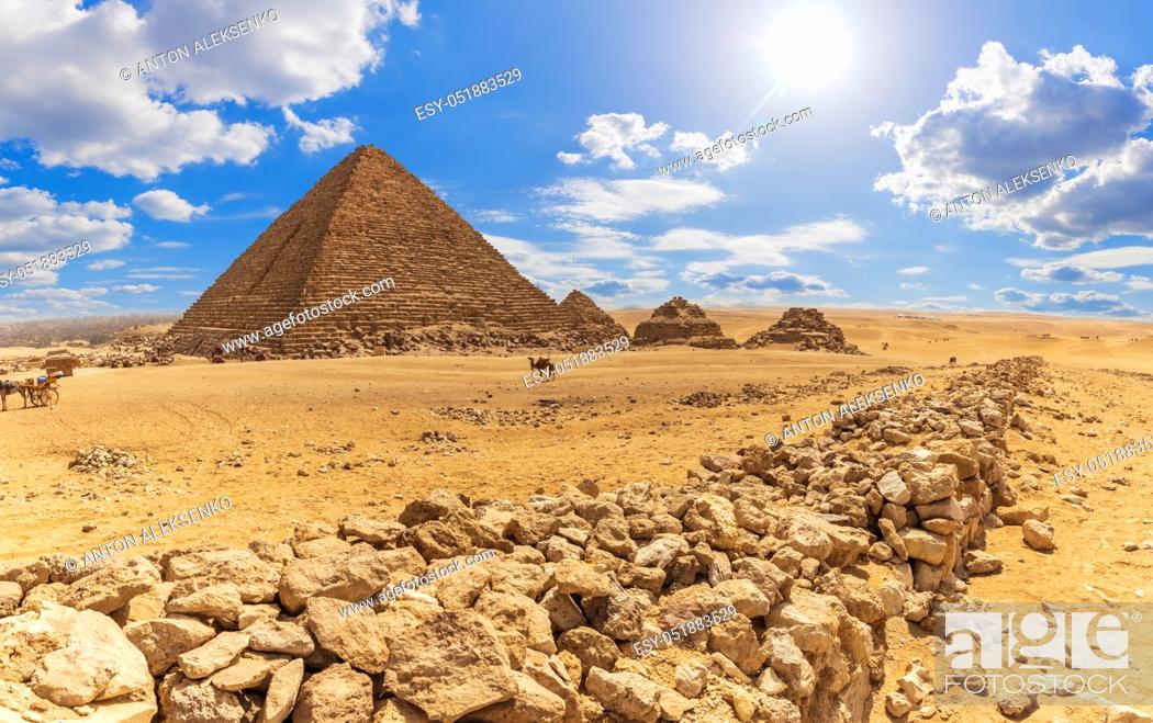 Stock Photo: The Pyramid of Menkaure and the rocks in the desert of Giza, Egypt.