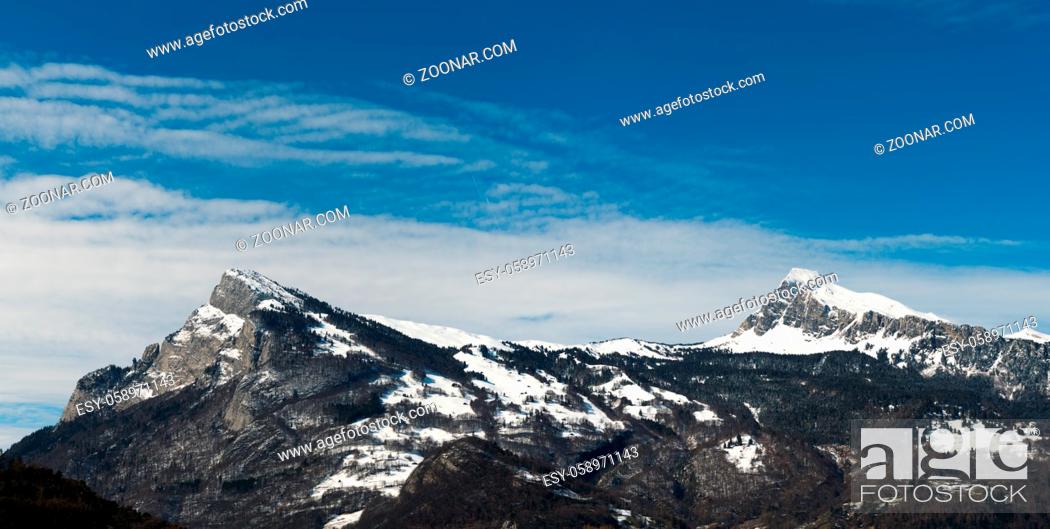 Stock Photo: panorama mountain landscape in the Rhine Valley of Switzerland near Sargans in late winter.