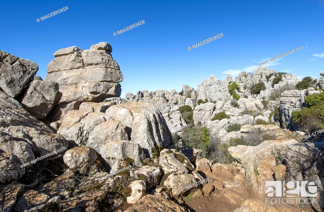 Stock Photo: Rock formations of limestone, El Torcal Nature Reserve, Torcal de Antequera, Province of Malaga, Andalusia, Spain, Europe.