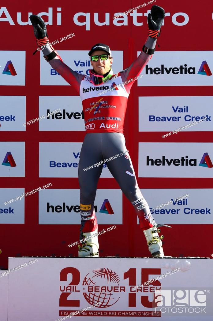 Stock Photo: Gold medal winner Ted Ligety of USA reacts after the men's giant slalom at the Alpine Skiing World Championships in Vail - Beaver Creek, Colorado, USA.