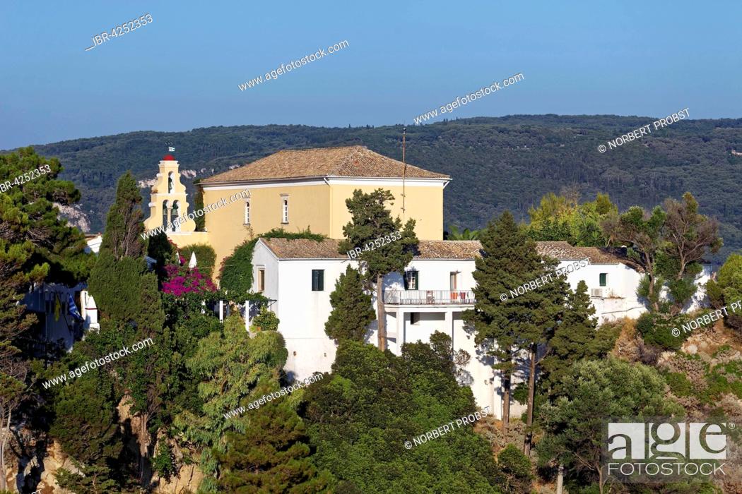 Stock Photo: Monastery of Panagia Theotokos tis Paleokastritsas or Panagia Theotokos, Paleokastritsa, Corfu, Ionian Islands, Greece.