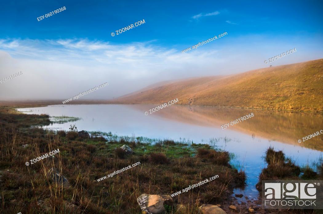 Stock Photo: Beautiful lake landscape in a foggy day.