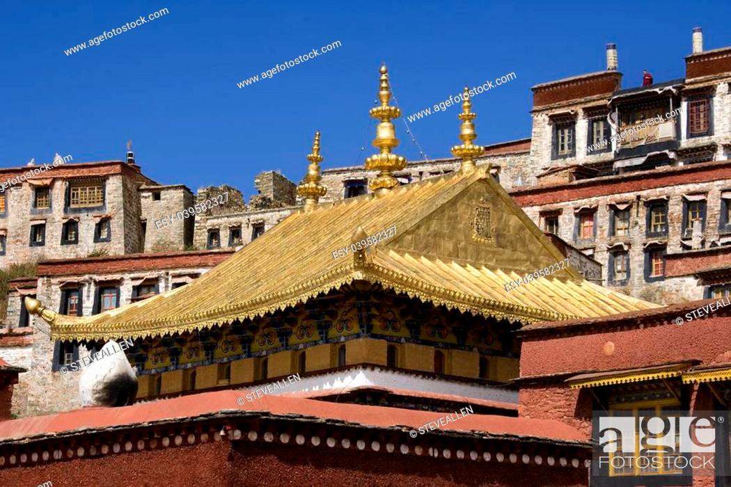 Stock Photo: Ganden Monastery in Tibet. Ganden is the one of the most important Gelugpa monasteries and is high in the Himalayas at an altitude of 4500m (14, 760ft).