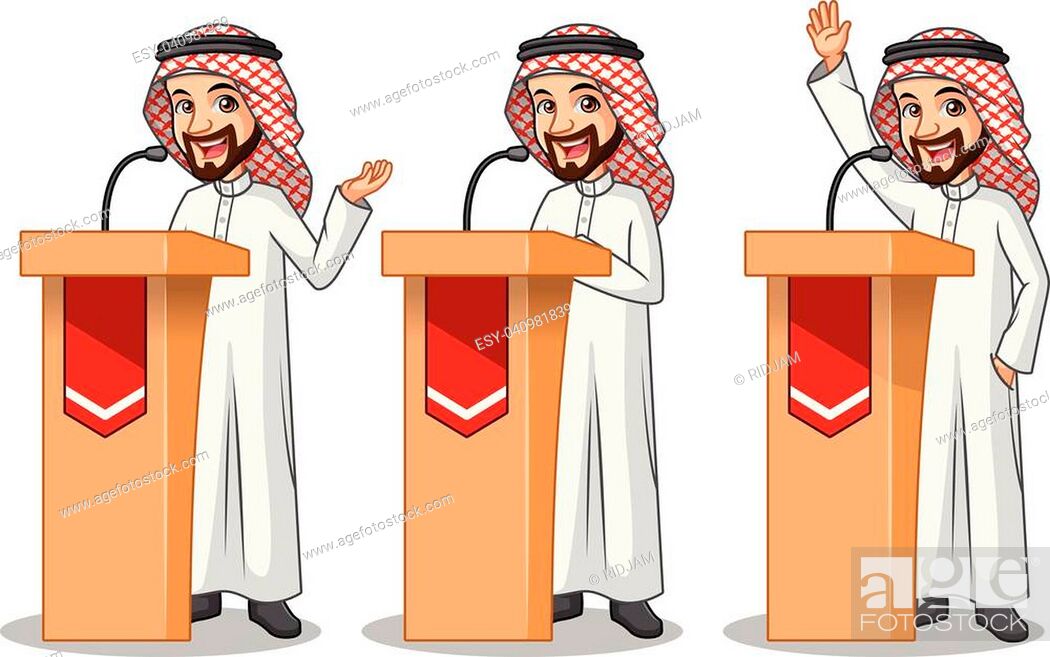 Set of businessman Saudi Arab man cartoon character design politician  orator public speaker giving a..., Stock Vector, Vector And Low Budget  Royalty Free Image. Pic. ESY-040981839 | agefotostock