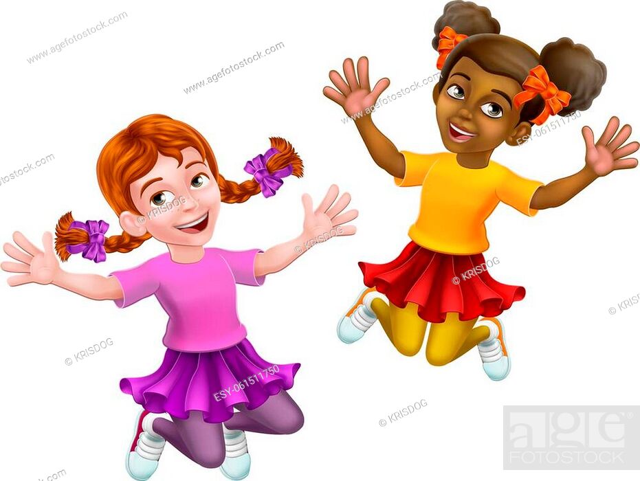 Two kids girls cartoon character children jumping for joy, Stock Vector,  Vector And Low Budget Royalty Free Image. Pic. ESY-061511750 | agefotostock