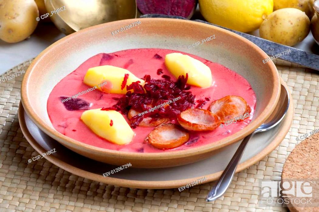 Stock Photo: Polish red beet soup.