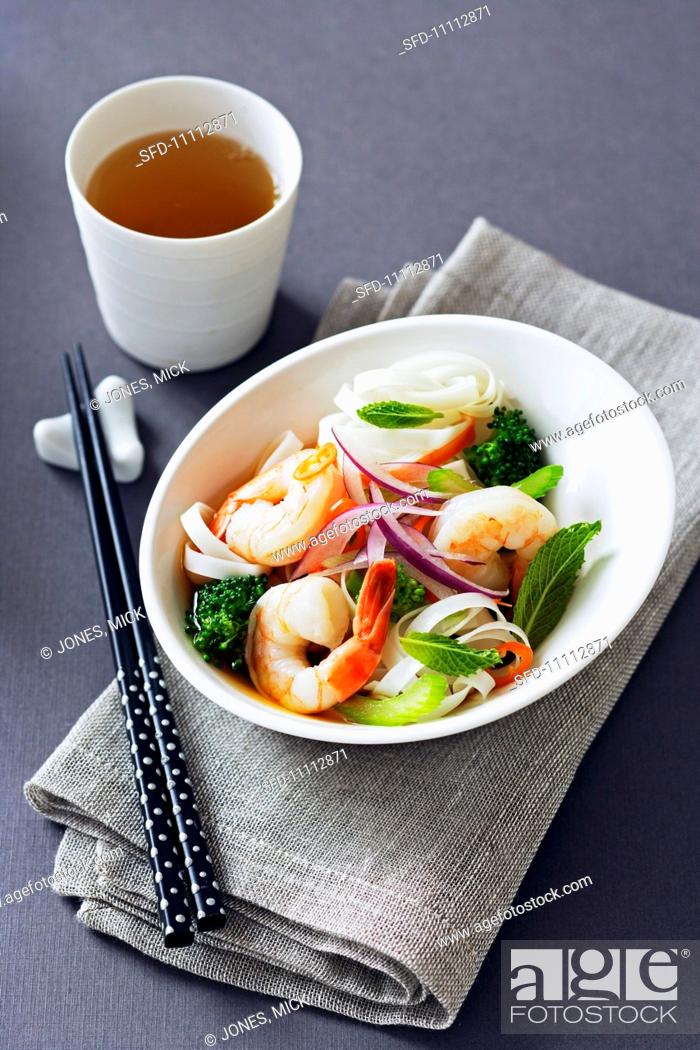 Stock Photo: Shrimp and Vegetables Over Rice Noodles, Chopsticks.