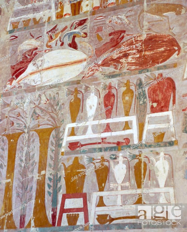 Stock Photo: Provisions and pottery offered to the gods by Queen Hatshepsut, detail of painted relief, Chapel of Anubis, Mortuary Temple of Queen Hatshepsut.