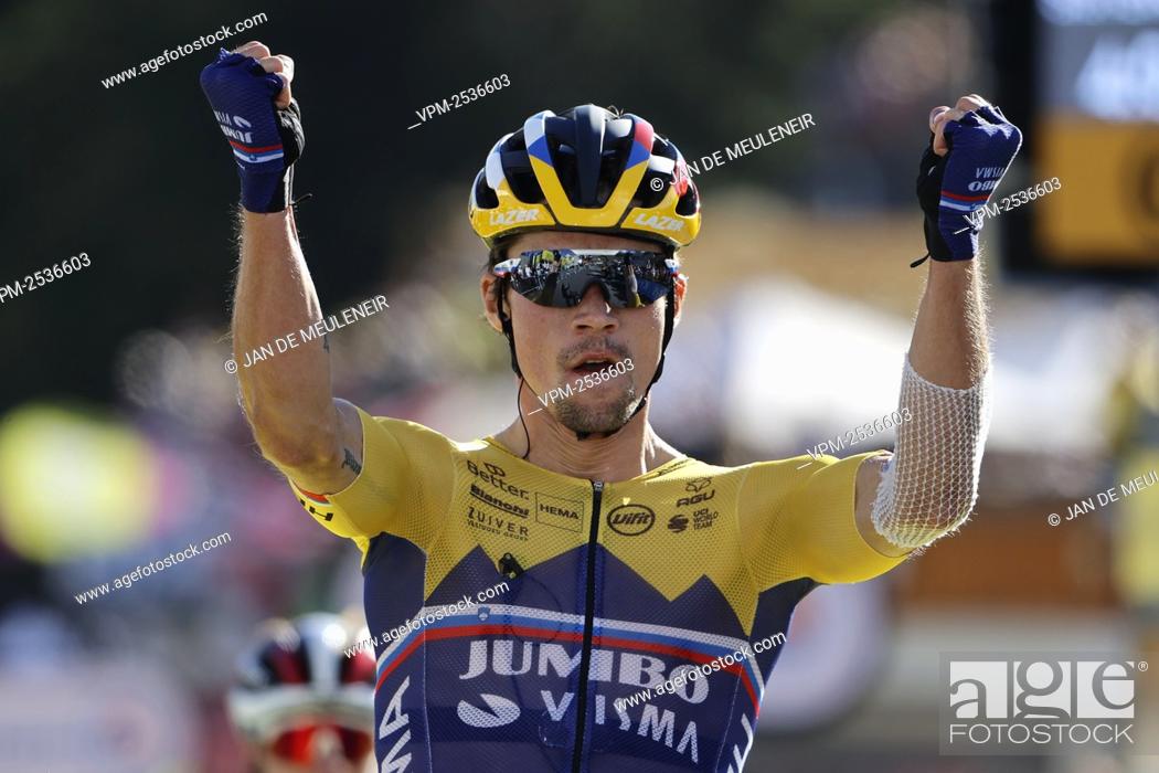 Stock Photo: Slovenian Primoz Roglic of Team Jumbo-Visma celebrates as he crosses the finish line to win the fourth stage of the 107th edition of the Tour de France cycling.