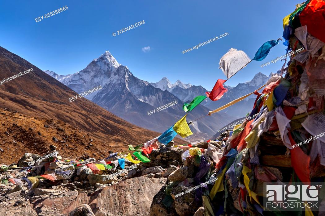 Stock Photo: Ama Dablam, Outdoors, Vacation, Nature, Symbol, View, Mountain, Asian, Prayer, Religious, Travel, Travelling, Trip, Colorful, Religion, Scenic, Glacier, Country, Tourism, Asia, Buddhism, Valley, Flag, Height, Region, Symbolic, Point, Culture, Hiking, Climbing