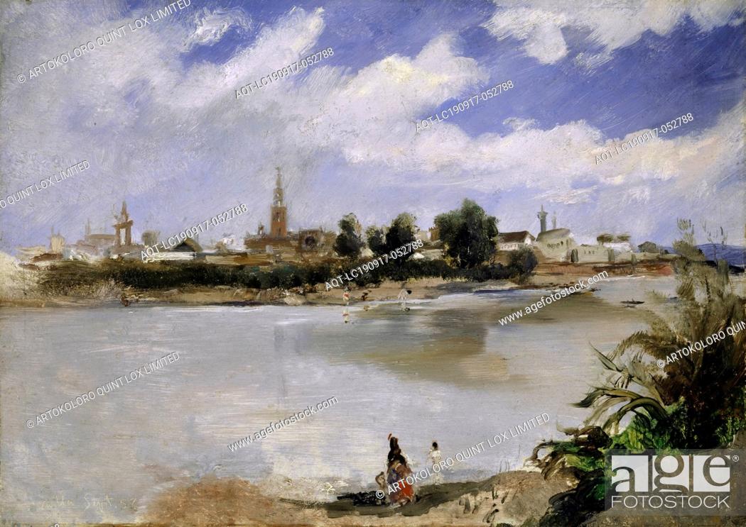 Stock Photo: View over the Guadalquivir in Seville, 1857 (September), oil on canvas, mounted on cardboard, canvas: 27.5 x 39 cm, inscribed.
