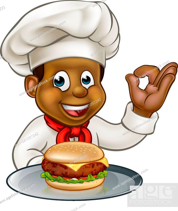 A chef holding a cheese burger or hamburger on a plate cartoon character,  Stock Vector, Vector And Low Budget Royalty Free Image. Pic. ESY-041051242  | agefotostock