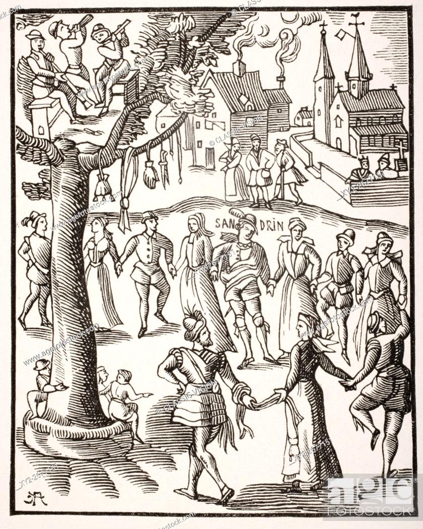 Stock Photo: Village Feast. 19th century reproduction of 16th century woodcut of the Sandrin ou Verd Galant.